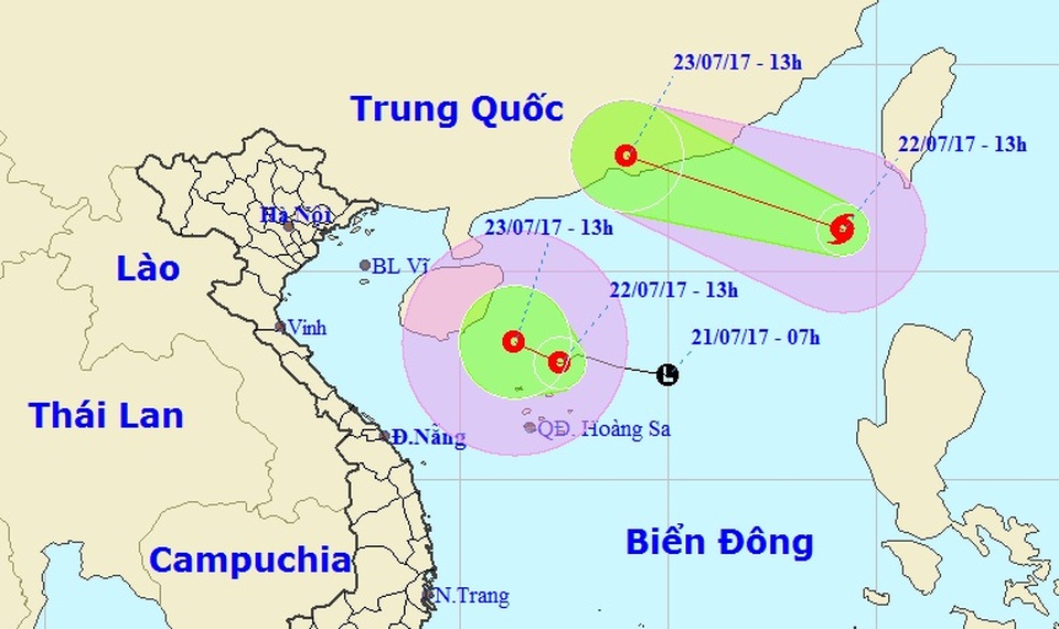 Bão số 3 và áp thấp nhiệt đới "song hành" trên Biển Đông - 1 Vị trí và hướng di chuyển của bão số 3 (hình trên) và áp thấp nhiệt đới (Ảnh: NCHMF).