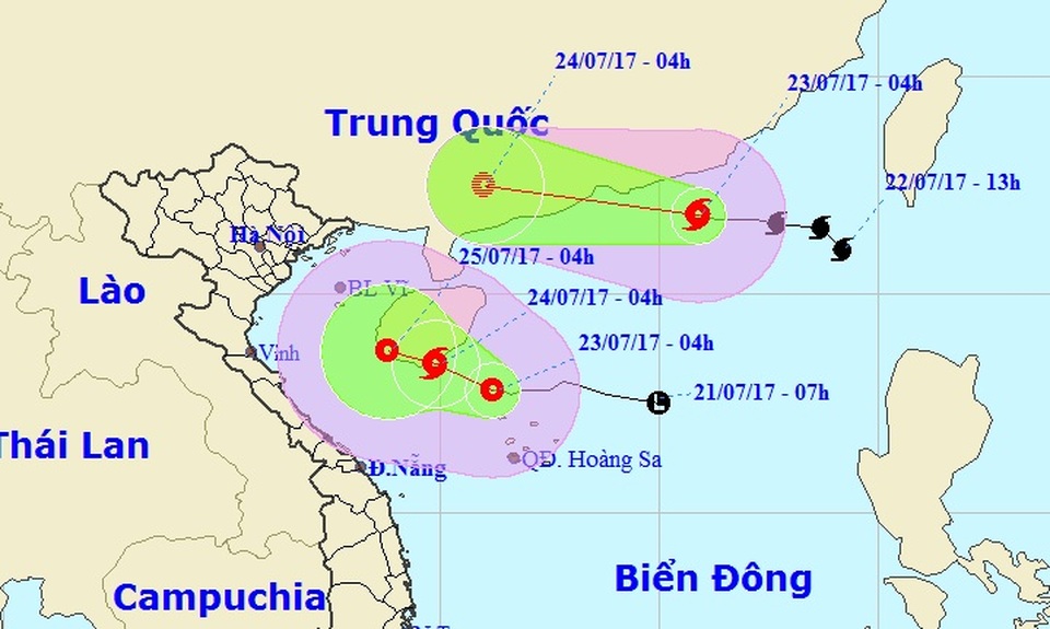 Bão số 3 hướng vào Trung Quốc, áp thấp nhiệt đới khả năng mạnh lên thành bão - 1 Vị trí và hướng di chuyển của bão số 3 (hình trên) và áp thấp nhiệt đới (Ảnh: NCHMF).