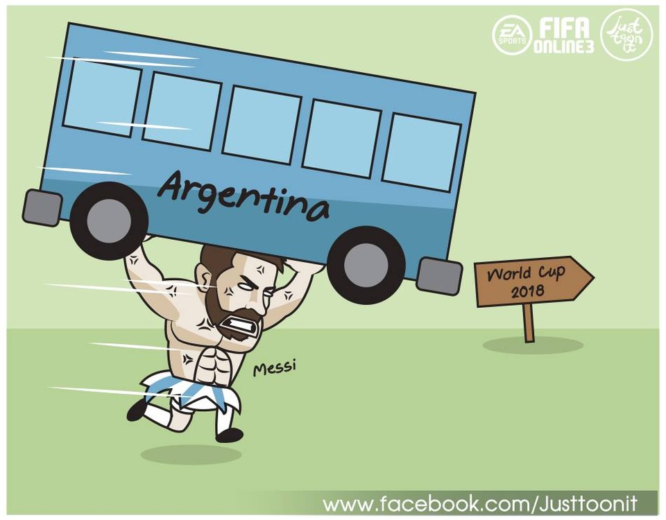 Góc biếm họa: “Thánh” Messi gánh cả đội tuyển Argentina - 1 Một mình Messi vác Argentina tới World Cup 2018