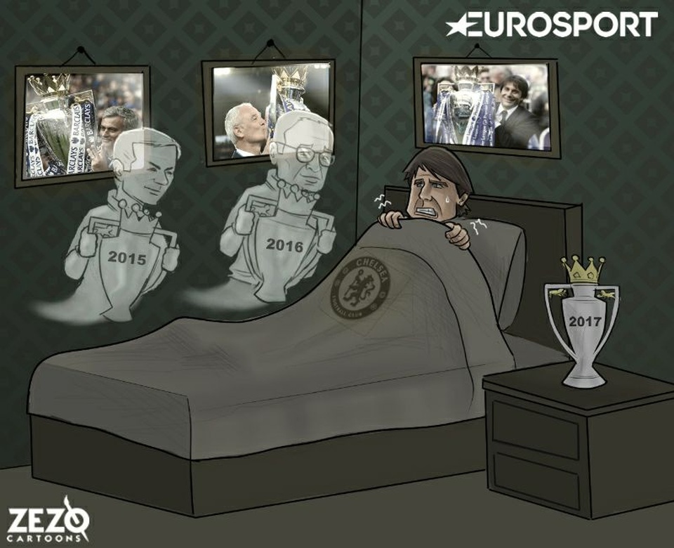 Góc biếm họa: Người khổng lồ Zidane - 10 Bóng ma Mourinho, Ranieri (bị sa thải sau khi vô địch Premier League) ám ảnh Conte