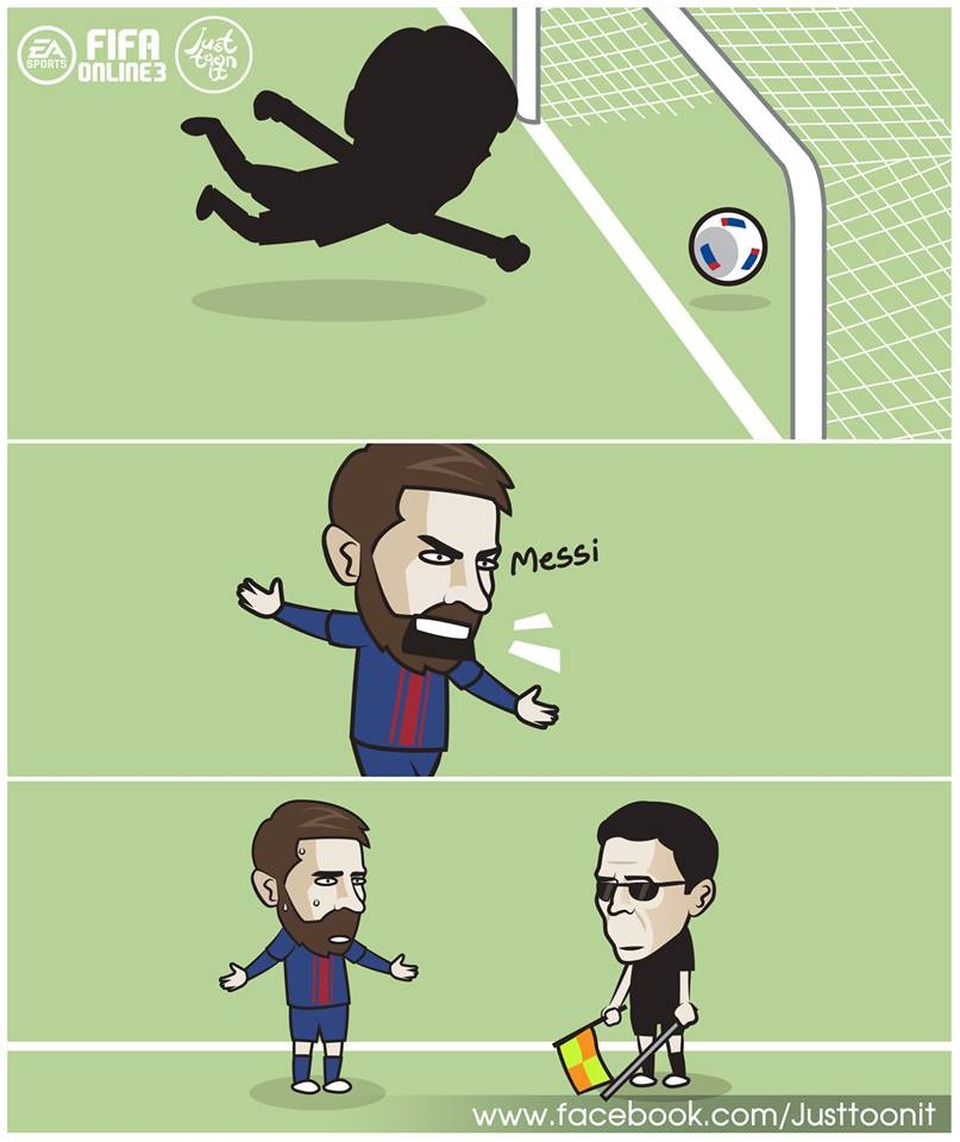 Góc biếm họa: Messi tức điên vì trọng tài “mù” - 1 Messi tranh cãi với trọng tài mù sau khi không được công nhận bàn thắng
