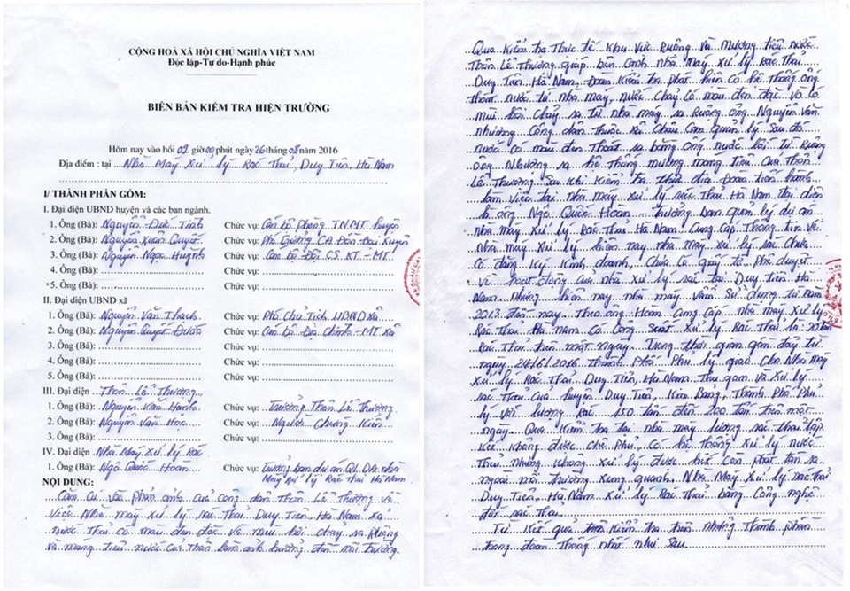 Biên bản kiểm tra hiện trường của UBND huyện Phú Xuyên nơi nhà máy xử lý rác thải công ty CP Đầu tư và Phát triển Tâm Sinh Nghĩa gây ô nhiễm