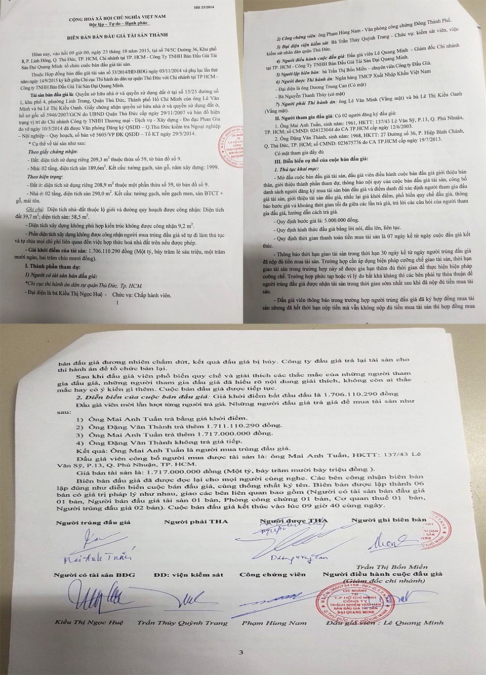 Biển bản bán đấu giá tài sản thành ngày 23/10/2015
