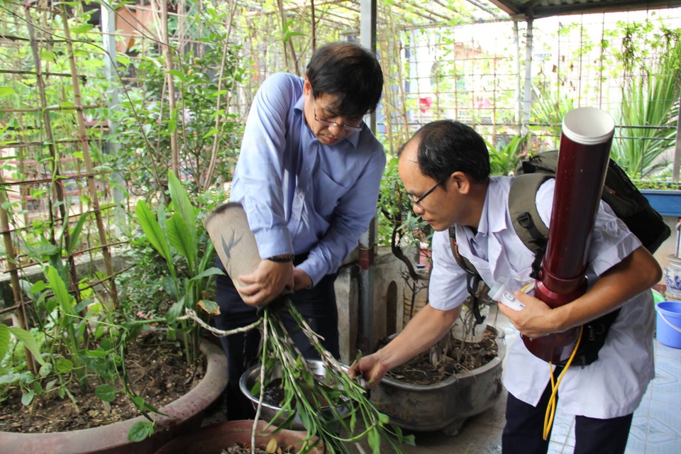 Bộ trưởng Y tế thị sát, phát hiện nhiều ổ bọ gậy ngay "tâm bão" sốt xuất huyết - 1
Ổ bọ gậy được phát hiện trong bình cây phát lộc. Ảnh: BMQ.