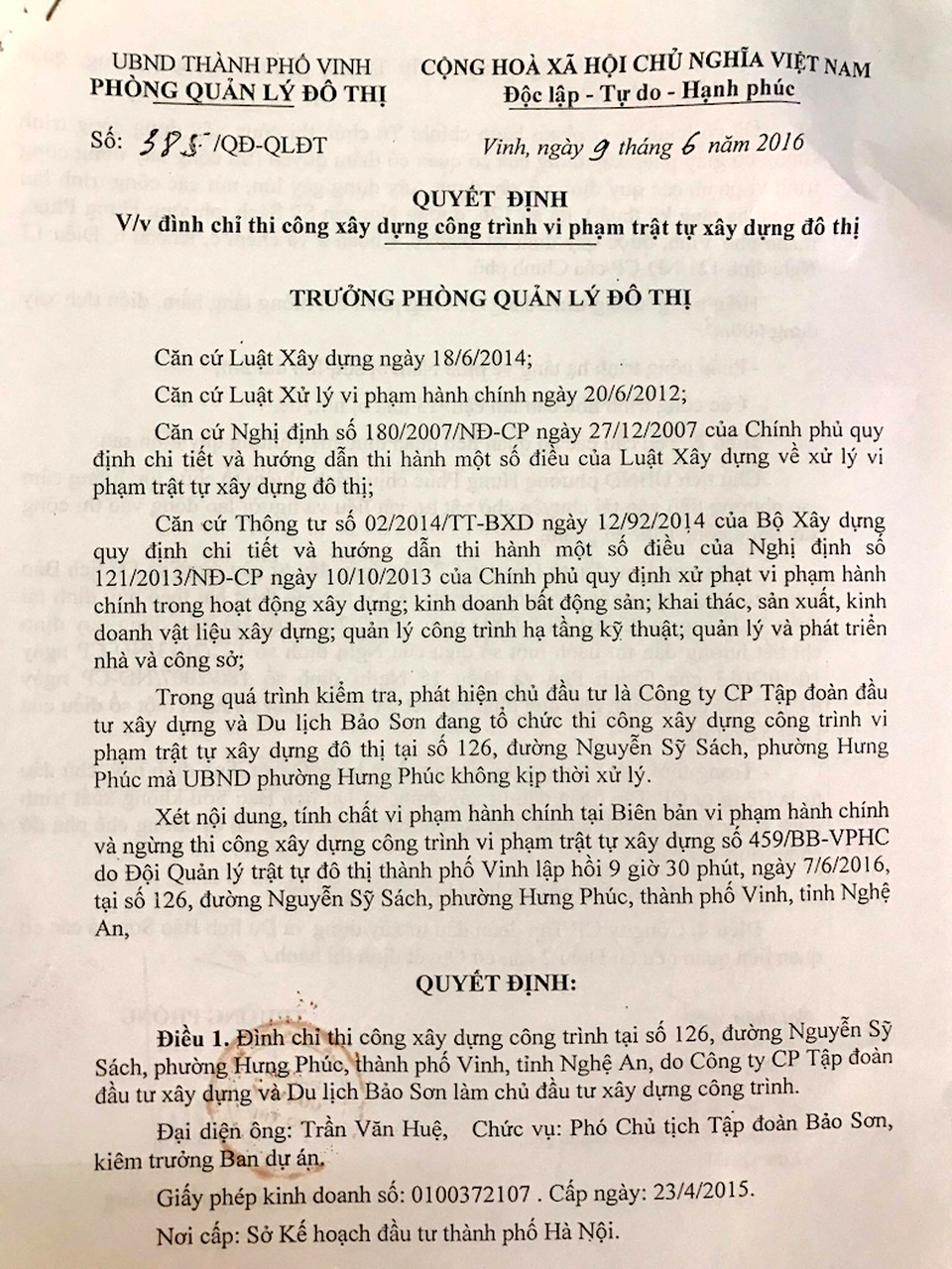 Biên bản xử phạt vi phạm ngày 9/6/2016.