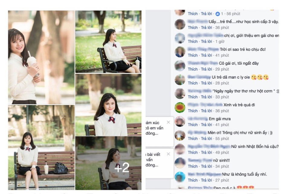 Bộ ảnh cô mới thực hiện, sau khi chia sẻ trên mạng, đã ngay lập tức thu hút sự chú ý của cư dân mạng, với hàng trăm bình luận thích thú, người thì bảo “như học sinh cấp 3”, người nói “như là không có tuổi”, người lại muốn “ngất” vì cô quá trẻ…