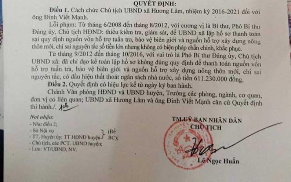 Làm thất thoát hàng trăm triệu đồng, hàng loạt cán bộ xã bị kỷ luật - 2 Quyết định kỷ luật cách chức đối với ông Đinh Viết Mạnh, Chủ tịch UBND xã Hương Lâm