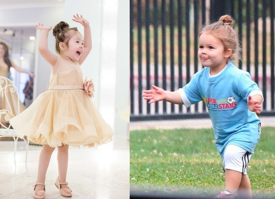 Con gái Elly Trần búi tóc đáng yêu như Harper nhà Beckham - 1 Cadie Mộc Trà (trái) có nhiều điểm giống về phong cách với bé Harper - con gái David Beckham (phải).