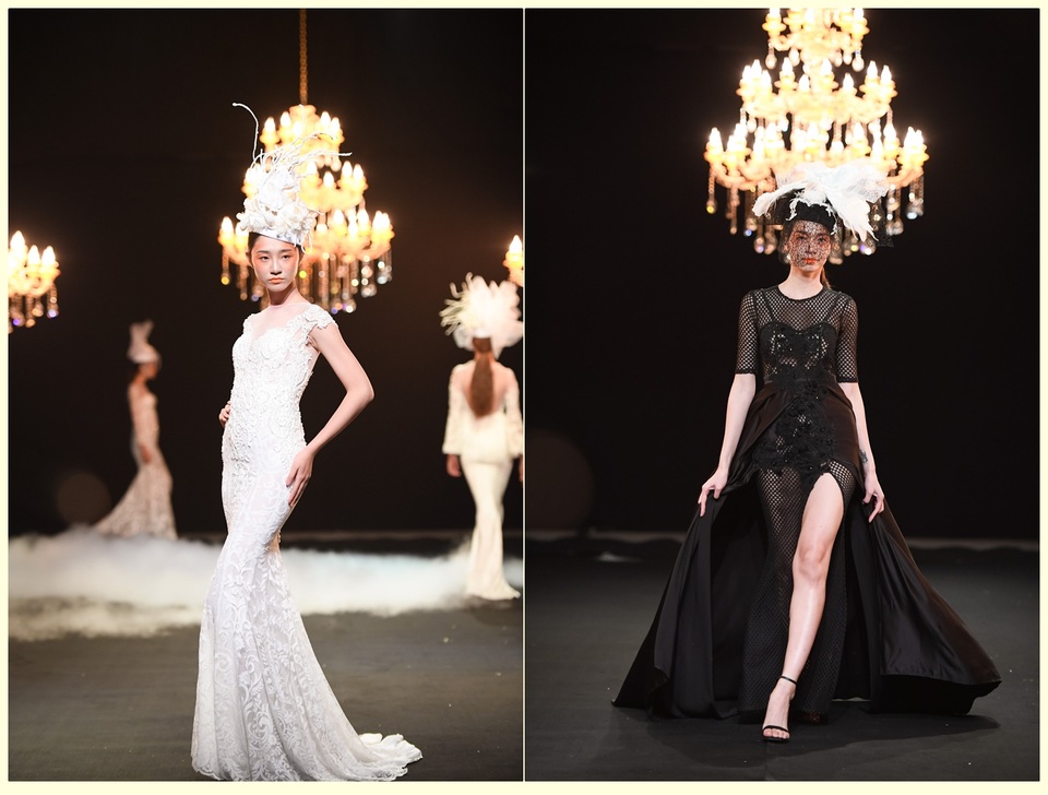 Minh Tiến mang đến “đêm thành phố” những bộ đầm ren gợi cảm, mũ đội đầu, mạng che mặt, khiến cho người ta liên tưởng nhưng đang đi trên phố châu Âu của thế kỉ trước.