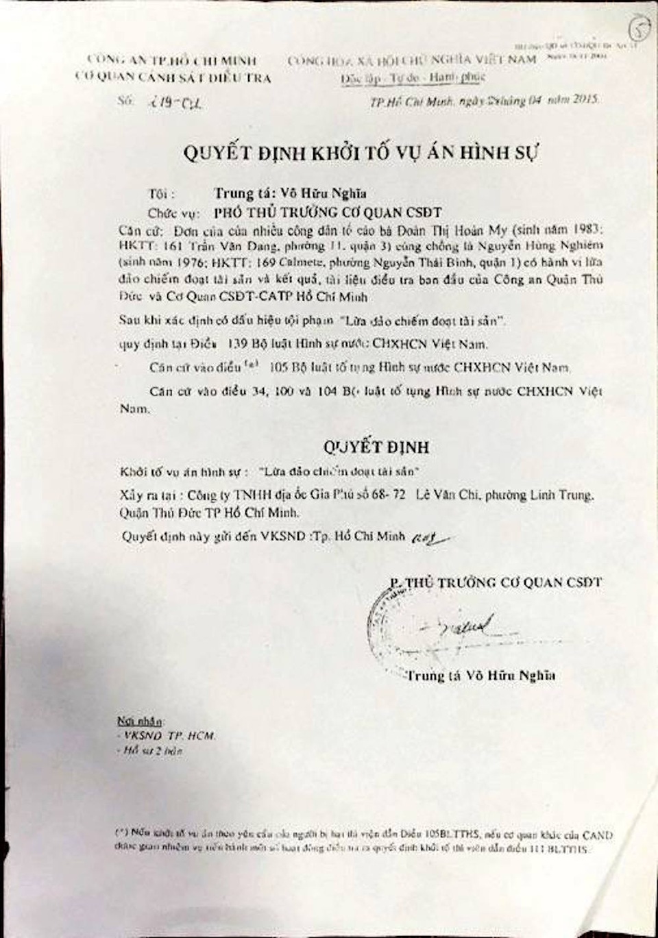 Một căn hộ bán cho nhiều người: Trầy trật đi đòi nhà - 2 Cơ quan Cảnh sát điều tra (CSĐT) Công an TPHCM đã ra quyết định khởi tố vụ án hình sự: Lừa đảo chiếm đoạt tài sản đối với vợ chồng bà Đoàn Thị Hoàn My - Nguyễn Hùng Nghiêm