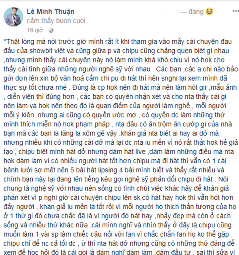 “Nhiều ca sĩ 5 bài thì... 4 bài hát nhép lại lớn tiếng chê Chi Pu” - 3 Dòng trạng thái bức xúc của nam ca sĩ Anh thích em như xưa.