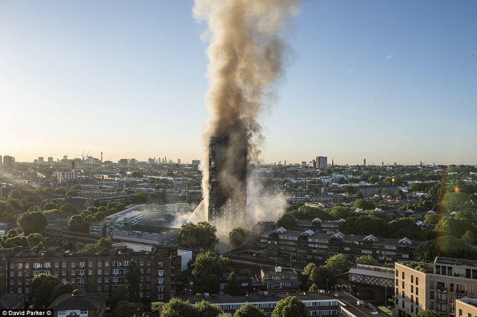 Tháp 24 tầng ở London phơi khung đen kịt sau vụ cháy khủng khiếp - 16 Tòa tháp Grenfell nhìn từ xa như một cột khói khổng lồ (Ảnh: David Parker)