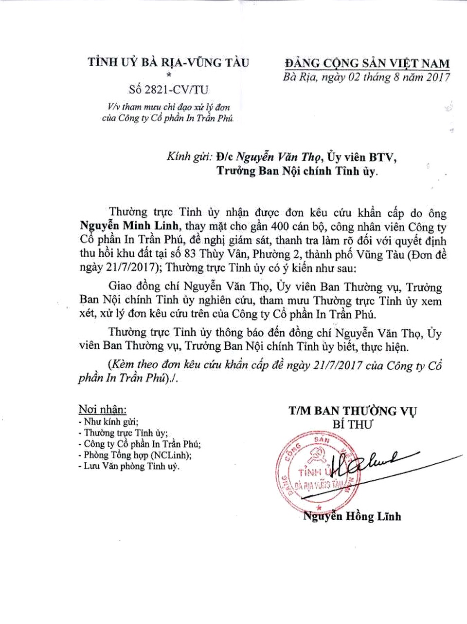 Vụ hàng trăm lao động kiện UBND tỉnh Bà Rịa - Vũng Tàu: Chờ phán quyết công minh! - 2 Thường trực tỉnh ủy BRVT đã có công văn giao Ban nội chính tỉnh ủy nghiên cứu tham mưu Thường trực tỉnh ủy xem xét, xử lý đơn kêu cứu của người lao động