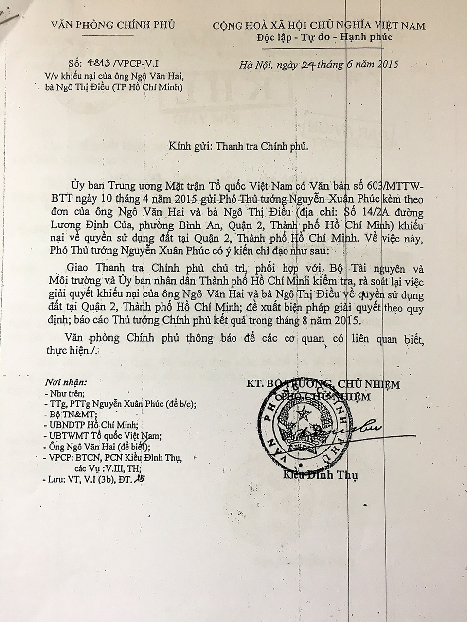 Vụ mượn “đất vàng” rồi lấy luôn: Chính phủ từng chỉ đạo giải quyết! - 4 Ý kiến chỉ đạo của Phó Thủ tướng Nguyễn Xuân Phúc (nay là Thủ tướng Chính phủ) đối với KN của ông Hai, bà Điều.