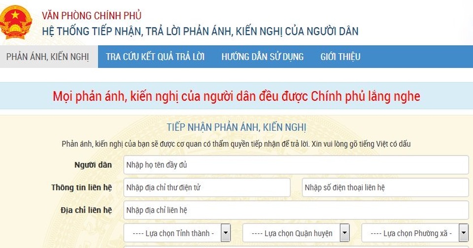 Chính phủ mở kênh tương tác với dân trên mạng - 1 Giao diện trang thông tin Chính phủ với người dân.