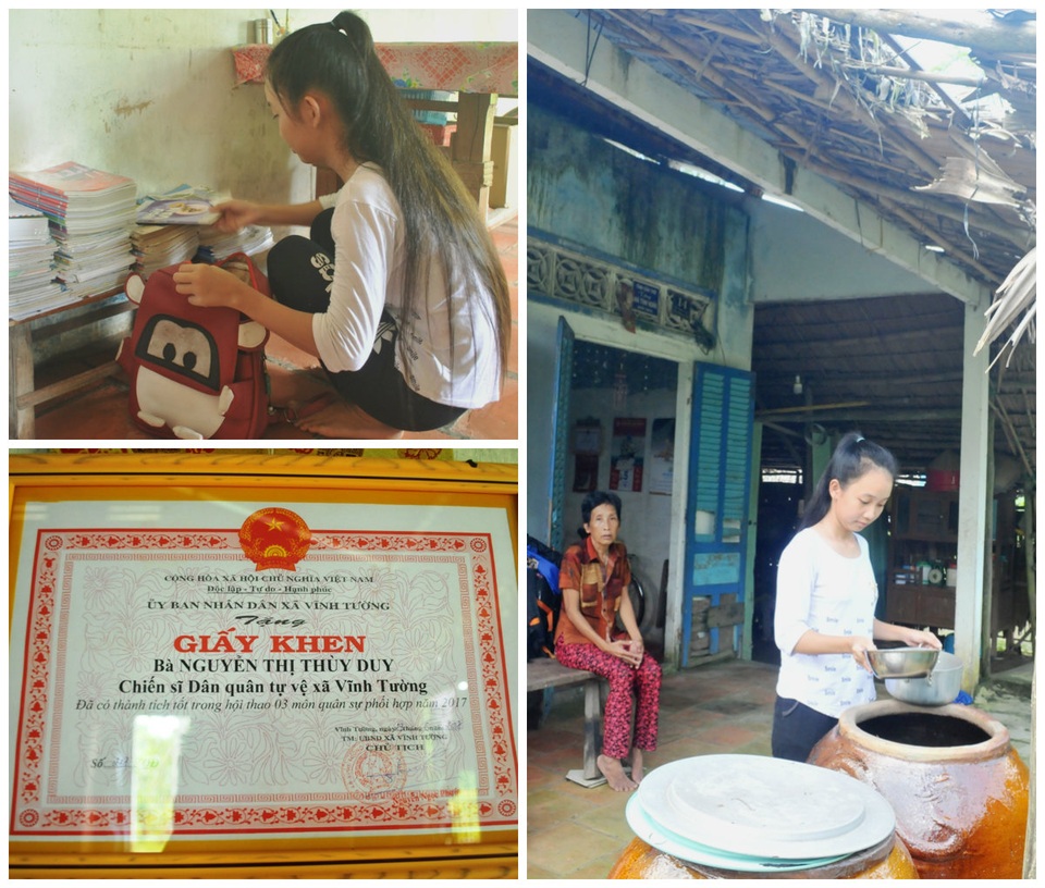 Mẹ và anh trai cùng mắc bệnh tim, nữ sinh lớp 11 đứng trước nguy cơ bỏ học - 4 Dù hoàn cảnh gia đình khó khăn, nhưng suốt các năm học qua, Thùy Duy luôn là học sinh khá giỏi. Ngoài ra còn tích cực tham gia nhiều phong trào ở địa phương, như hè rồi em tham gia chiến sĩ dân quân tự vệ xã Vĩnh Tường và được tặng giấy khen