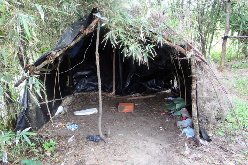 
Mỗi khi nhìn thấy chim trời bay qua, thợ săn ngồi bên trong những lán tạm như thế này giật con chim mồi phía trên để nhử.
