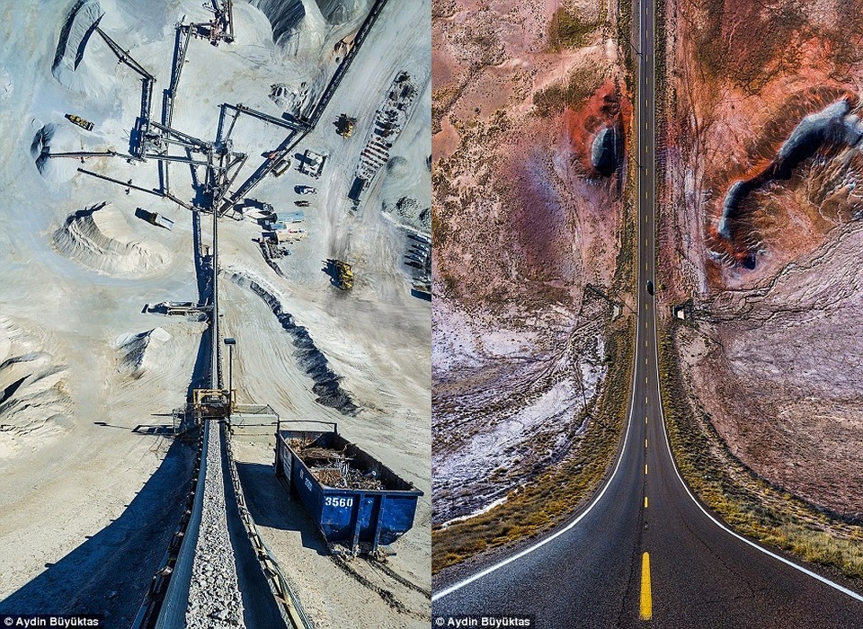 Ngoài các cung đường, nhiếp ảnh gia không quên khám phá nhiều kỳ quan của tự nhiên. Hình trái chụp cảnh một khu mỏ tại bang Arizona, bên phải là cảnh miệng núi lửa khi nhìn từ trên cao