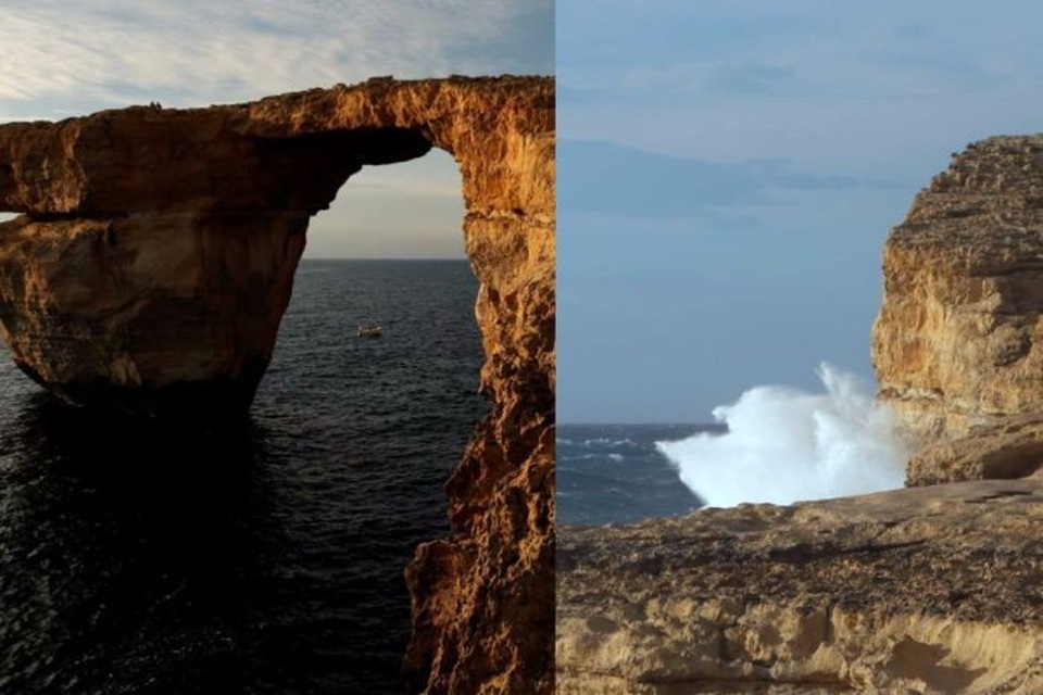 Cổng vòm đá Azure Window nổi tiếng bất ngờ sụp xuống biển vì bão lớn - 4 So sánh hình ảnh trước và sau khi cổng vòm đá biến mất