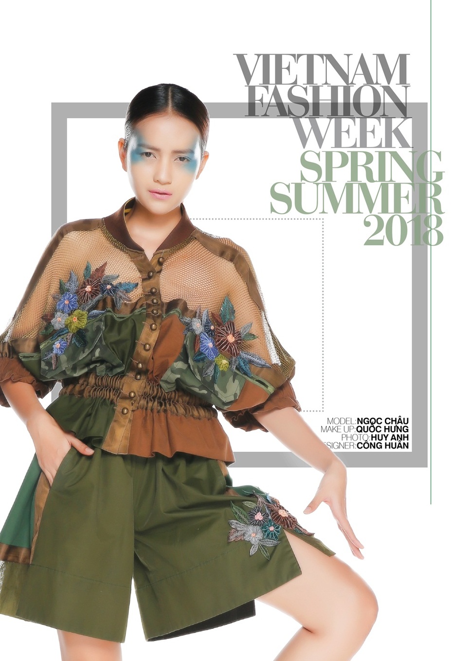 Công Huân: Phong cách quân đội được Công Huân phá cách trở nên nữ tính và uyển chuyển bởi cách xử lý những sợi ruban buông thỏng. NTK kết hợp nhiều chất liệu và màu sắc để tạo nên một tổ hợp mang đậm dấu ấn của phong cách army.