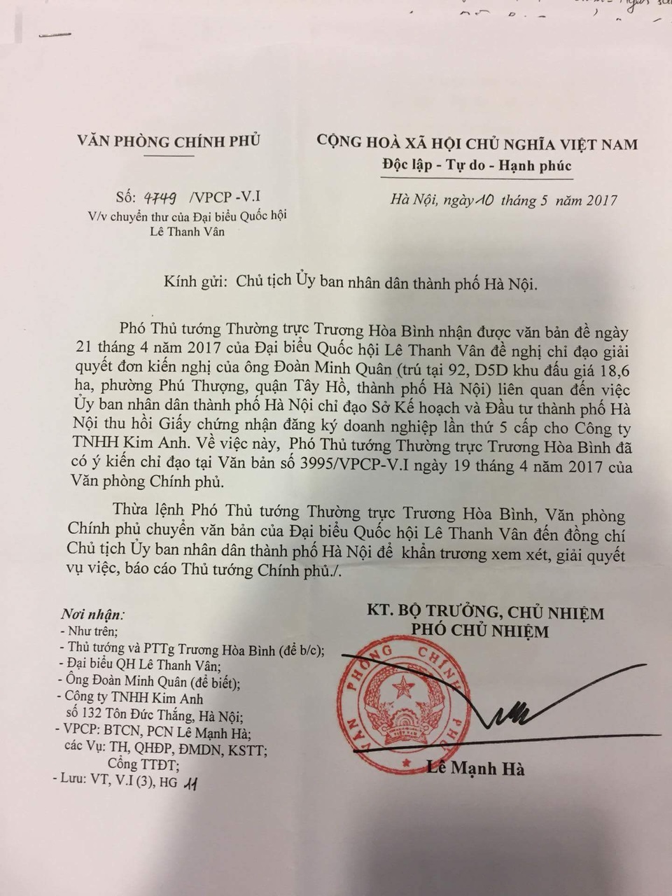 Yêu cầu báo cáo Thủ tướng vụ bất ngờ thu hồi đăng ký kinh doanh của doanh nghiệp - 1 Văn bản của Văn phòng Chính phủ vừa gửi tới Chủ tịch UBND TP Hà Nội.