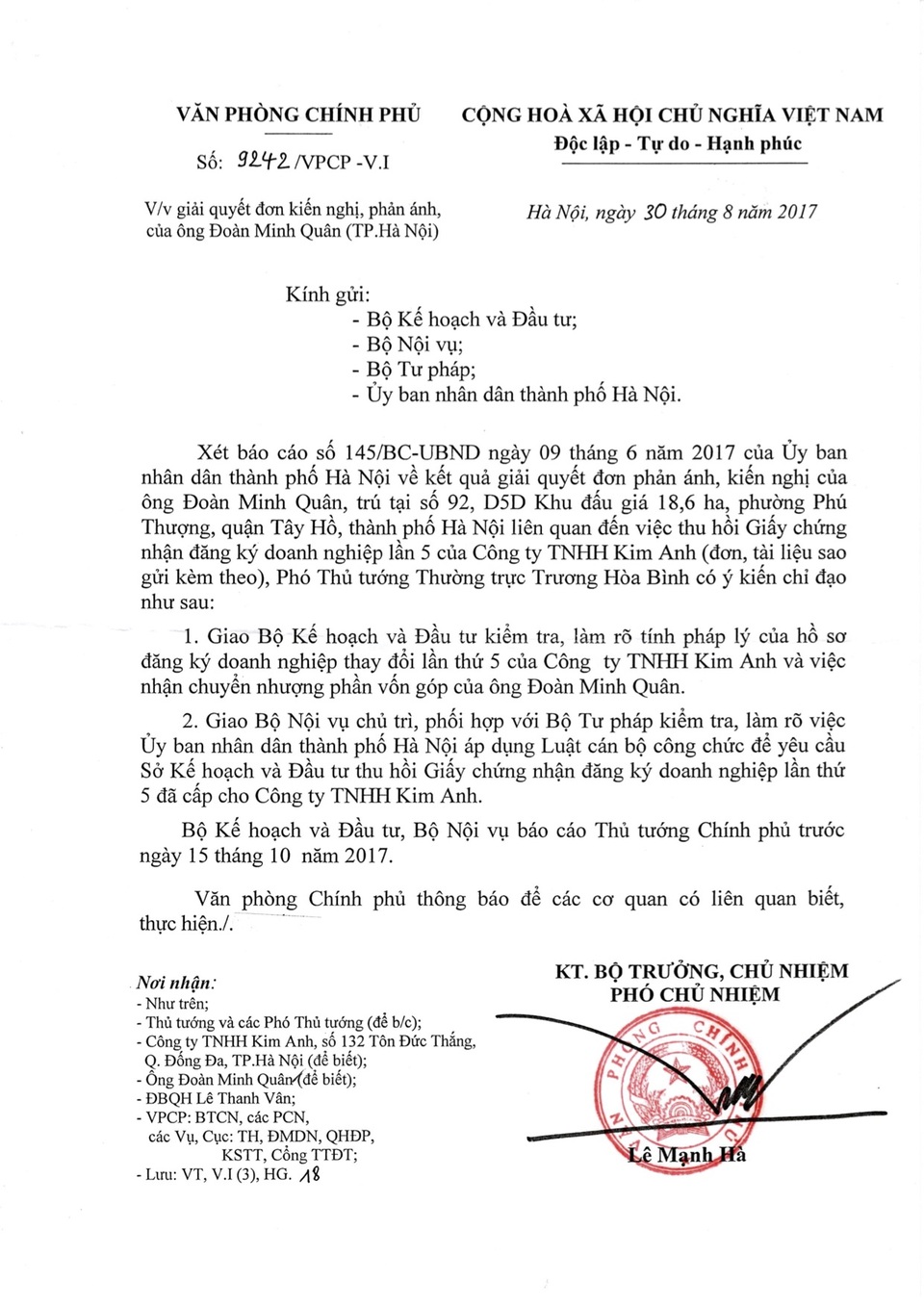 Phó Thủ tướng lại yêu cầu làm rõ việc thu hồi đăng ký kinh doanh ở Hà Nội! - 1 Văn bản truyền đạt ý kiến chỉ đạo của Phó Thủ tướng Thường trực Trương Hoà Bình.