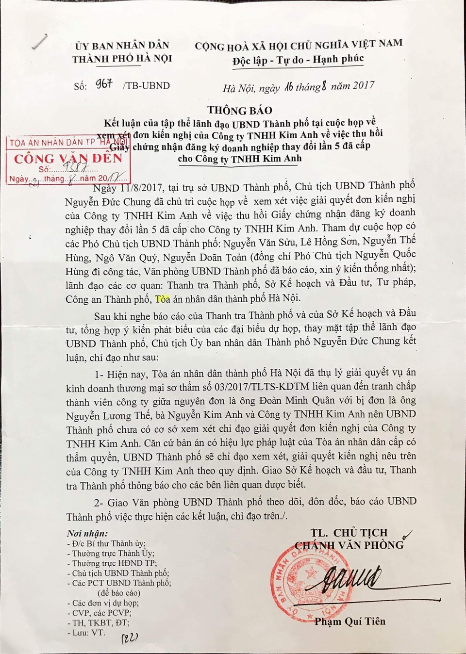 Văn bản của UBND TP Hà Nội về xử lý vụ việc tại Công ty TNHH Kim Anh.