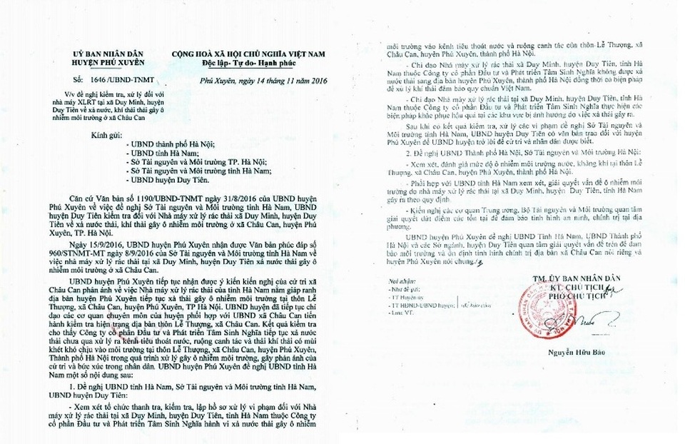 Công văn UBND huyện Phú Xuyên gửi đến UBND thành phố Hà Nội và UBND tỉnh Hà Nam đề nghị điều tra xử lý nhà máy xử lý rác thải công ty CP Đầu tư và Phát triển Tâm Sinh Nghĩa