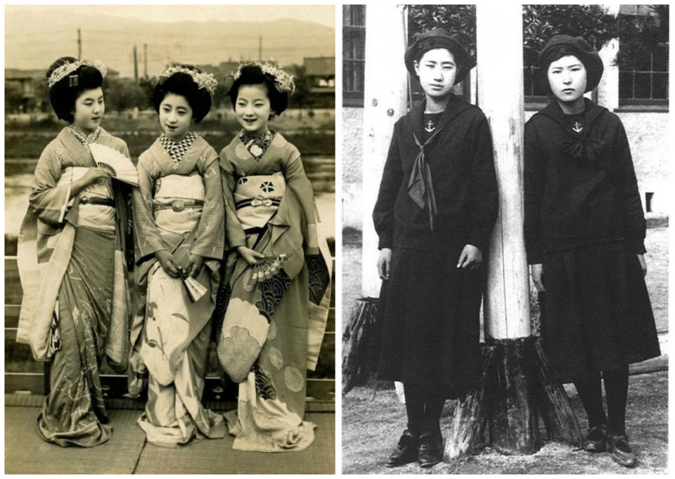 Con người trông như thế nào ở 100 năm trước? - 7 Các geisha của Nhật bản đang thư giãn trên ban công (trái) và hai nữ sinh của trường Fukuoka, nơi đầu tiên bộ đồng phục thủy thủ nổi tiếng của xứ hoa anh đào được xuất hiện (phải).