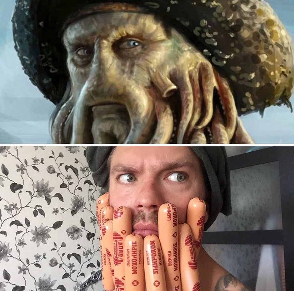 Gặp chàng trai hút gần 55.000 followers nhờ phong cách siêu hài hước - 5 thuyền trưởng bạch tuộc Davy Jones trong seri phim “Cướp biển vùng Caribbean” cũng được Alexander Kravets làm nhái theo phong cách cực kỳ hài hước với xúc tu bằng xúc xích.