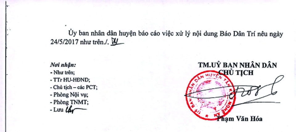 Công văn số 655/UBND.TNMTV của UBND huyện Tân Kỳ trả lời báo Dân trí.