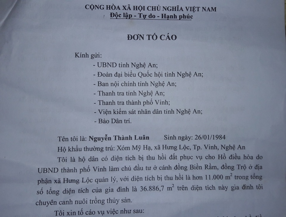 Nghệ An: Dân chưa bàn giao đất, nhà thầu đã đưa máy móc vào thi công? - 1 Đơn tố cáo của anh Luân gửi các cơ quan chức năng nhưng đến nay vẫn chưa nhận được câu trả lời thỏa đáng.