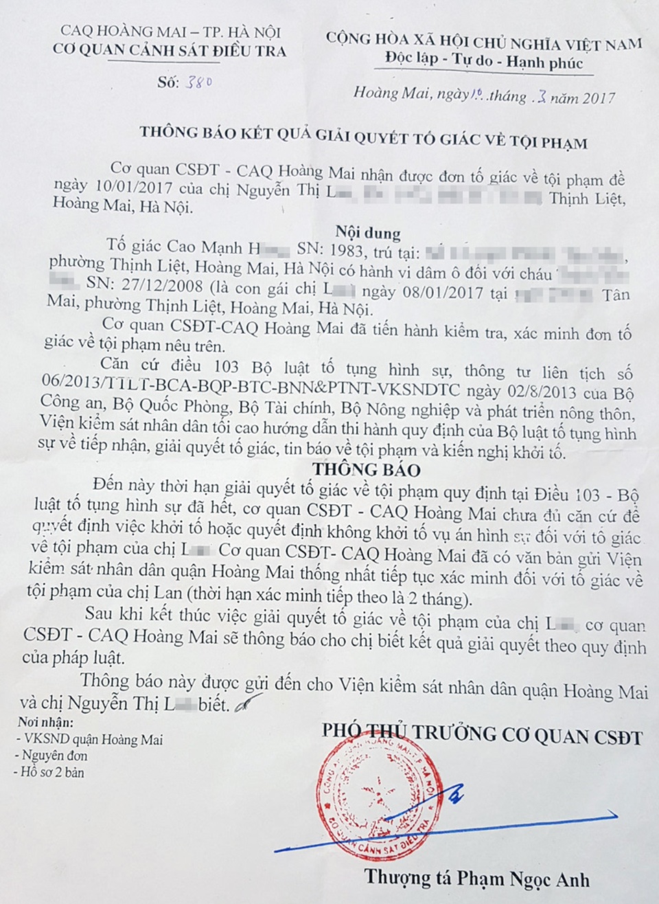 Dấu hiệu vi phạm tố tụng trong vụ cháu bé 8 tuổi bị xâm hại ở Hà Nội - 1 Thông báo kết quả giải quyết tố giác về tội phạm của Cơ quan CSĐT - CAQ Hoàng Mai.