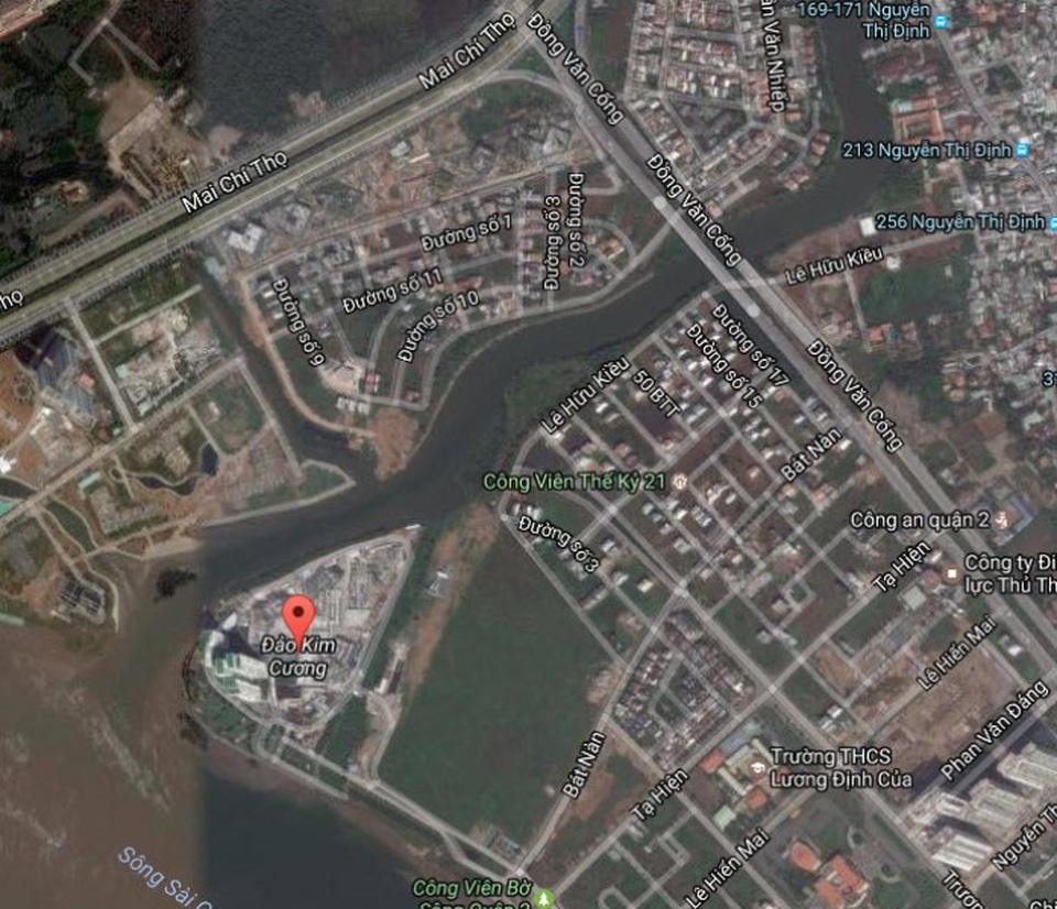 TPHCM xin cơ chế đặc biệt xây cầu 500 tỷ qua đảo Kim Cương - 1 Đảo Kim Cương rộng khoảng 8ha trên địa bàn phường Bình Trưng Tây (quận 2) và được bao quanh bởi sông Sài Gòn và Giồng Ông Tố (ảnh: Google maps)
