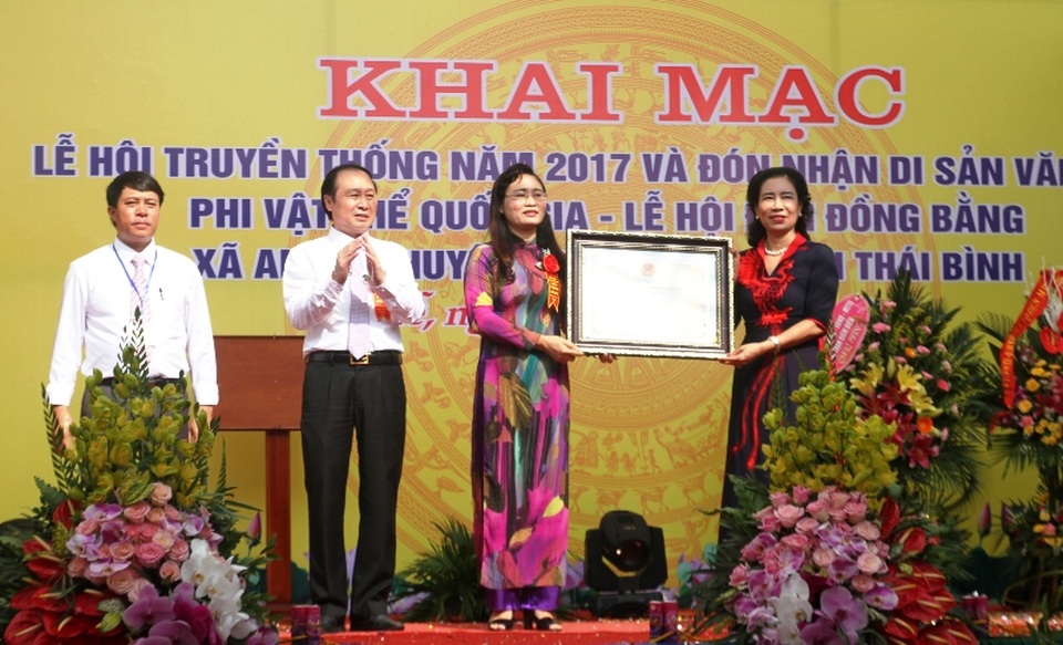 Bà Đặng Thị Bích Liên, Thứ trưởng Bộ Văn hóa - Thể thao và Du lịch trao Bằng chứng nhận đền Đồng Bằng là Di sản văn hóa phi vật thể Quốc gia