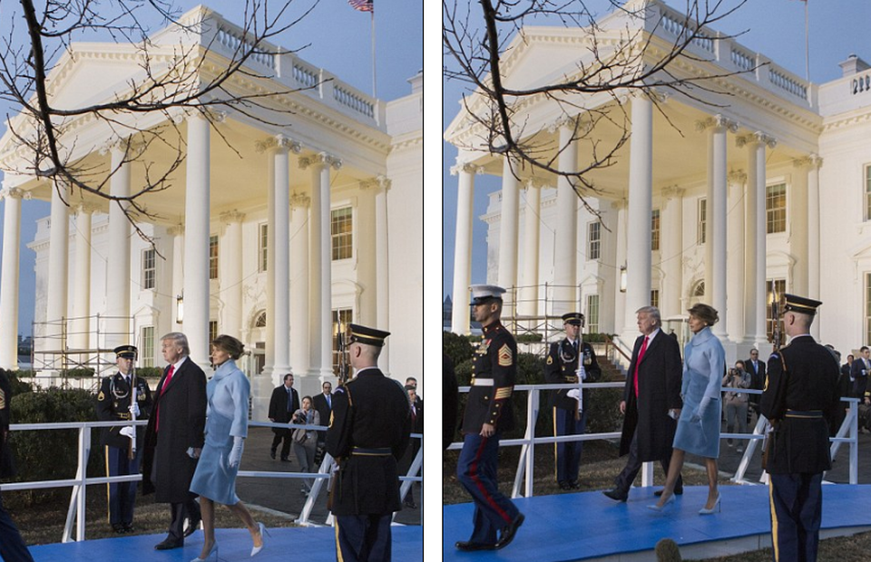 Diễu hành hộ tống tân Tổng thống Trump về Nhà Trắng - 11
Tổng thống và Đệ nhất phu nhân từ trong Nhà Trắng bước ra sảnh để tiếp tục dự lễ diễu hành nhậm chức. (Ảnh: Dailymail)