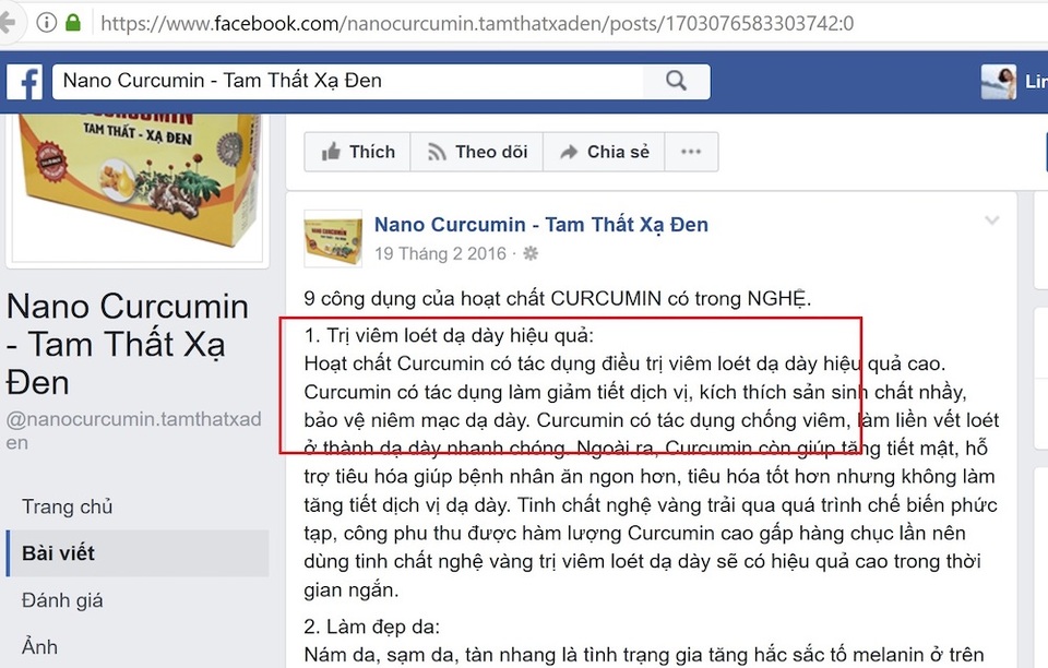 Lạc vào "ma trận" thực phẩm chức năng - 2 Quảng cáo về công dụng thần kỳ của NANOCURCUMIN - TAM THẤT – XẠ ĐEN trên một trang feac book.