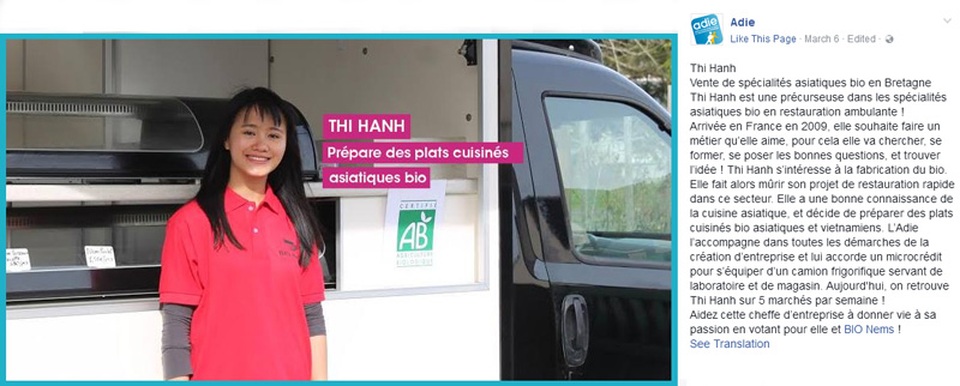Cô gái Việt chiến thắng tại cuộc thi ý tưởng khởi nghiệp trên đất Pháp - 3
Đoàn Thị Hạnh đang là thí sinh tại cuộc thi bình chọn Ý tưởng khởi nghiệp được yêu thích nhất do Adie tổ chức trên facebook.