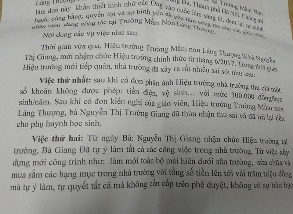 Hà Nội: 32 cán bộ giáo viên Trường mầm non Láng Thượng tiếp tục kêu cứu - 1 Đơn kiến nghị lần hai của 32 giáo viên Trường mầm non Láng Thượng, Đống Đa, Hà Nội đưa ra 9 vấn đề.