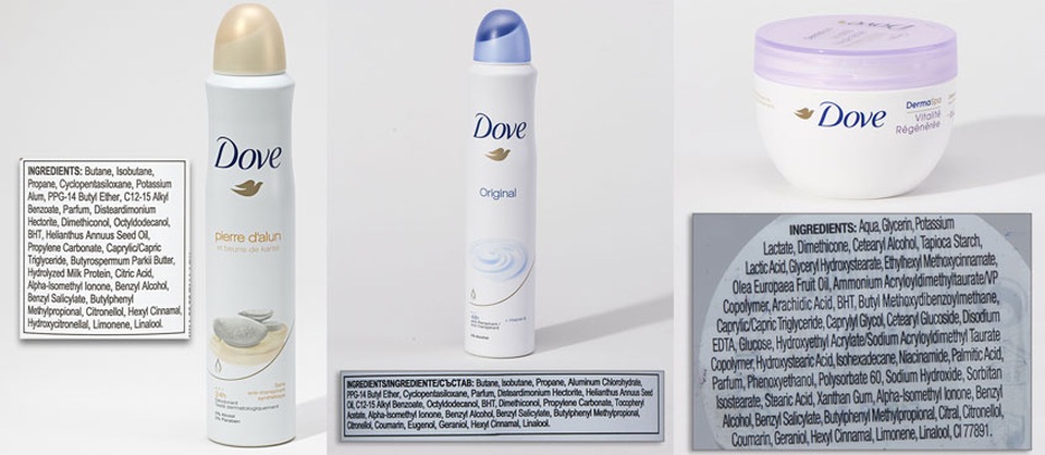 Pháp: Công bố 400 loại hóa mỹ phẩm có thành phần gây hại - 20
2 loại khử mùi Dove có Cyclopentasiloxane, BHT; Dưỡng thể Dove có Ethylhexyl, methoxycinnamate, BHT