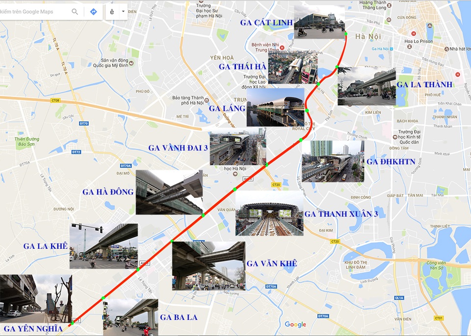 Trải nghiệm Hà Nội từ trên cao đường sắt Cát Linh - Hà Đông - 1
Công trình đường sắt đô thị Cát Linh - Hà Đông (Hà Nội) đã hoàn thành trên 90% khối lượng công việc, định hình rõ ràng với 12 nhà ga. (Map: Google)