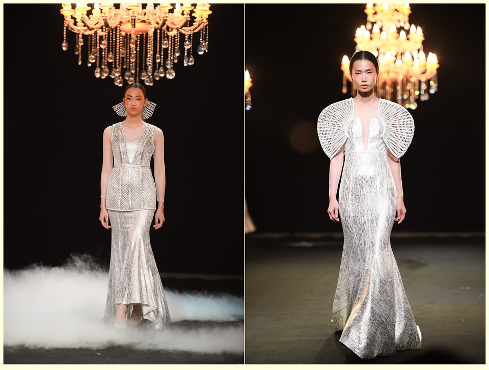 Từ những chất liệu mây và cói của làng nghề đan Kim Sơn Ninh Bình, NTK đã kết hợp với những chất liệu vải mềm mại để tạo nên những bộ trang phục sang trọng và lạ mắt.