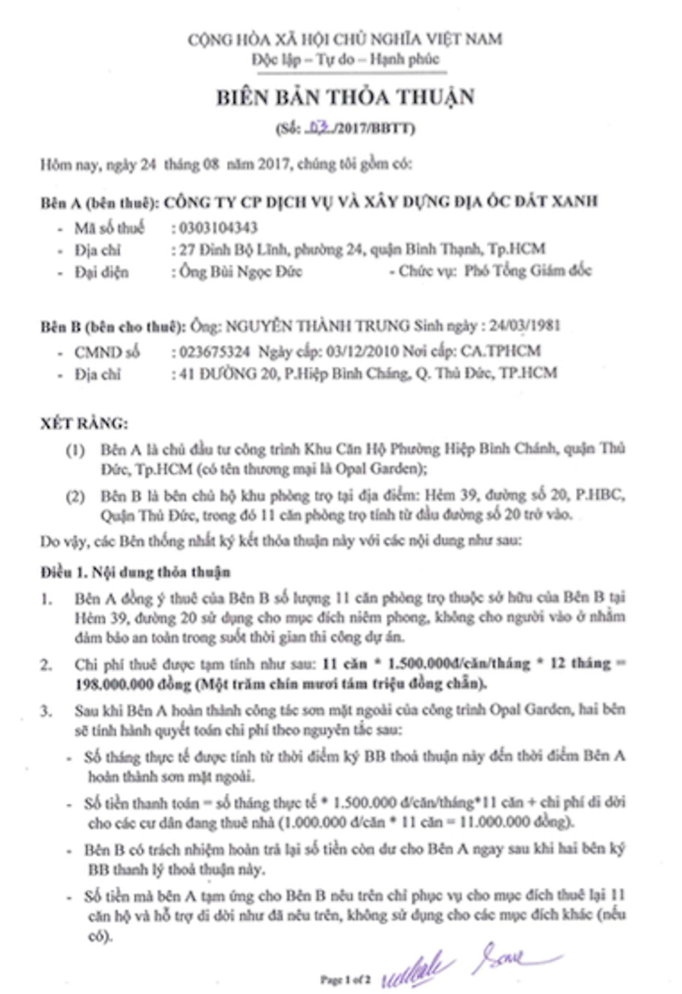 Biên bản thỏa thuận của Đất Xanh với người dân