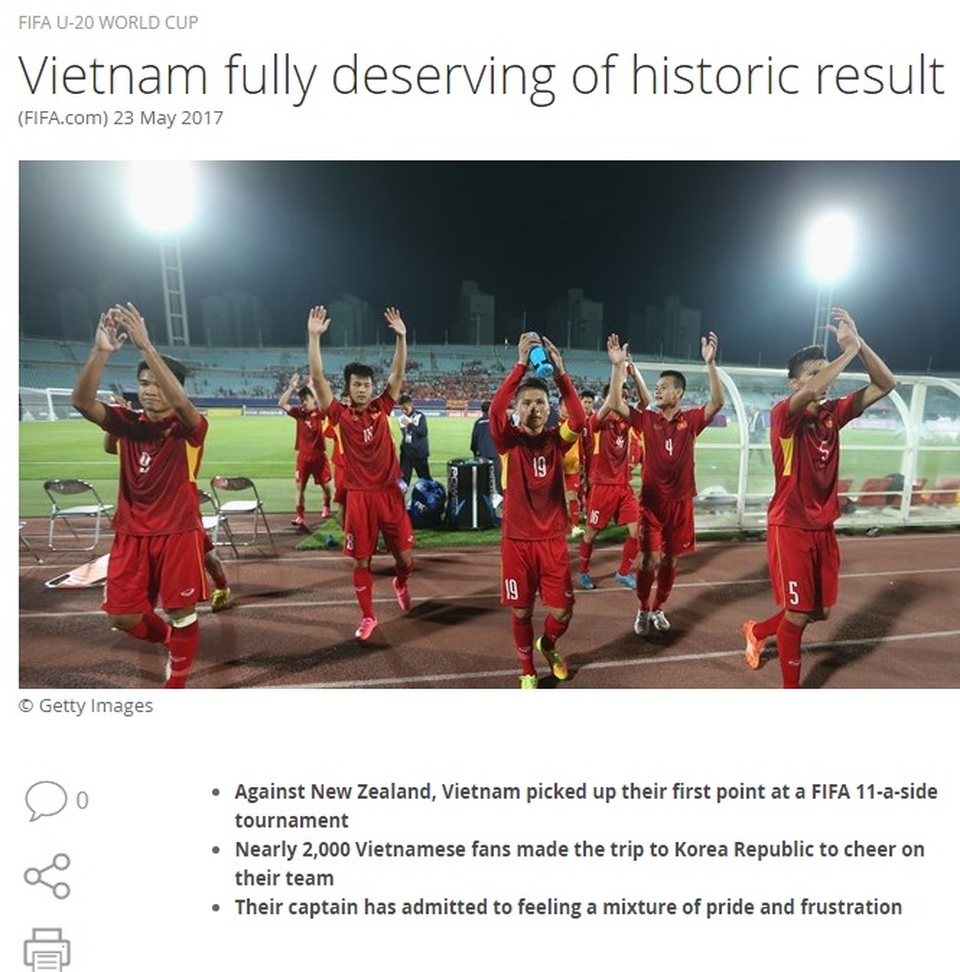 FIFA hết lời ngợi khen U20 Việt Nam - 1 Trang chủ FIFA có bài viết chiến tích lịch sử của U20 Việt Nam