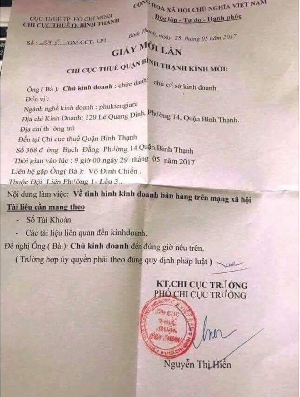 Thu thuế kinh doanh qua Facebook: Nhiều chủ tài khoản không "xuất đầu lộ diện" - 1 Giấy mời của cơ quan thuế Bình Thạnh từng làm xôn xao mạng xã hội