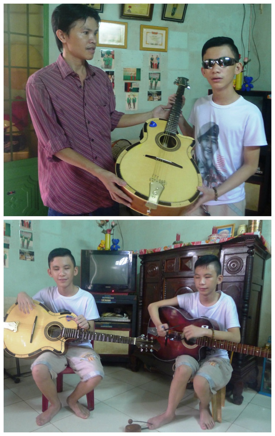 Tiếng đàn xót xa của hai anh em sinh đôi mù lòa - 2 Ngày PV Dân trí đến ghi nhận, đại diện một cơ sở in ở TP Rạch Giá đến trao tặng em Trường cây đàn cổ để hai anh em cùng tập đờn