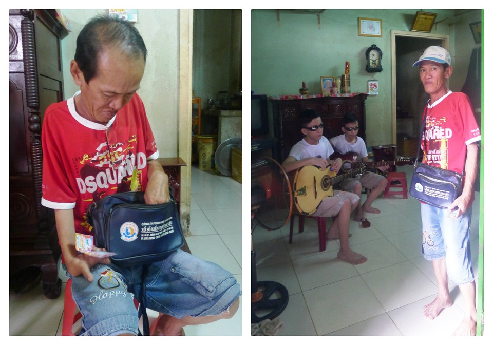 Tiếng đàn xót xa của hai anh em sinh đôi mù lòa - 3 Khi nhận hai cháu về nhà nuôi dưỡng, vợ chồng ông Phạm Văn Nghĩa vất vả hơn rất nhiều. Từ tờ mờ sáng ông đã đi bán vé số đến tối mịt mới về nhà, số tiền lời vừa đủ đong gạo cho 4 miệng ăn...