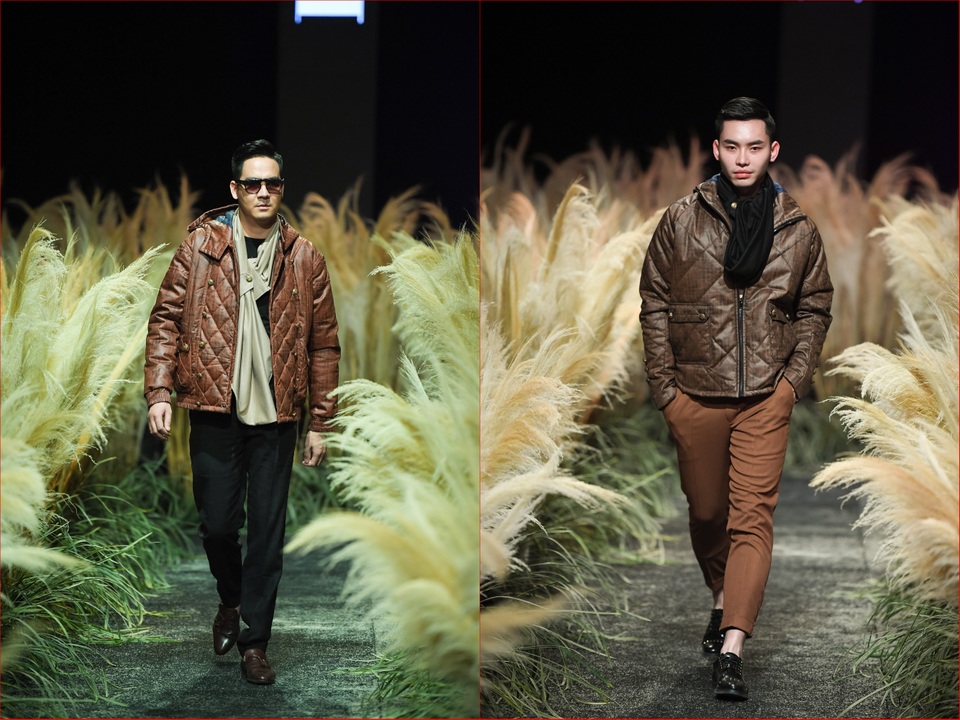 Hảo Nguyễn - Hoài Phương khiến cho người ta nghĩ đến một mùa thu chín, một mùa đông ấm áp. Hai NTK đã đầu tư mạnh cho việc dùng chất liệu da thật trên những thiết kế dành cho nam giới.