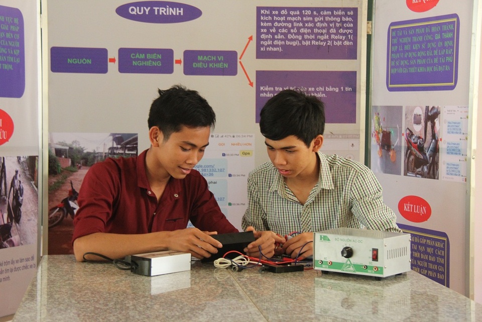 Học sinh trường huyện chế thiết bị báo tin tai nạn qua điện thoại - 1
Thương (áo đỏ) và Duy tranh thủ thời gian rảnh để chỉnh sửa lại mô hình trước khi tham dự cuộc thi sáng tạo trẻ vào giữa tháng 5/2017