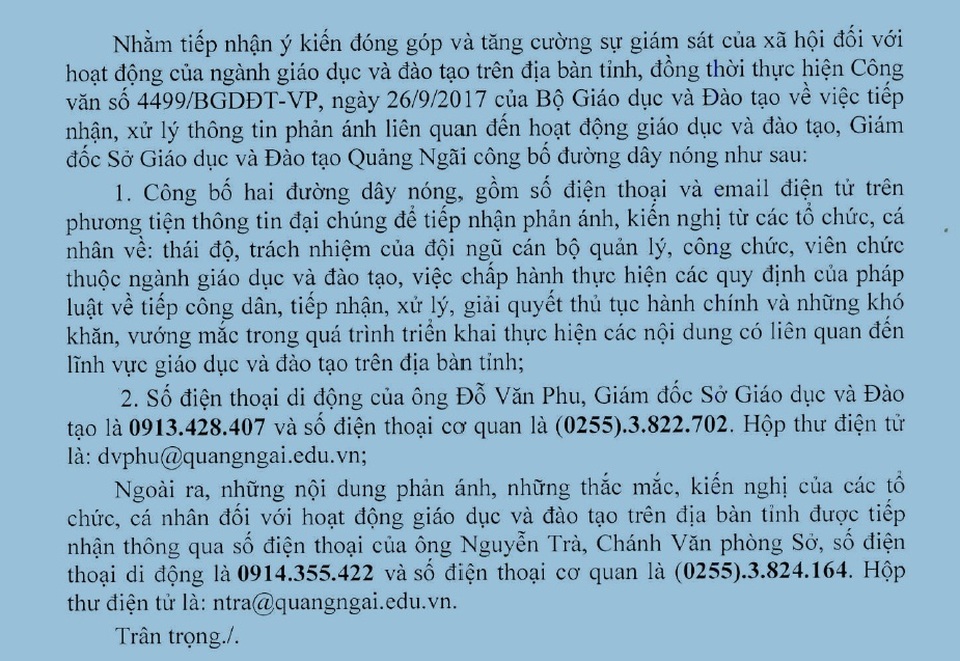 Sở GD&ĐT tỉnh Quảng Ngãi công bố đường dây nóng - 1 Sở GD&ĐT Quảng Ngãi công bố đường dây nóng tiếp nhận, xử lý thông tin phản ánh liên quan đến hoạt động giáo dục, đào tạo